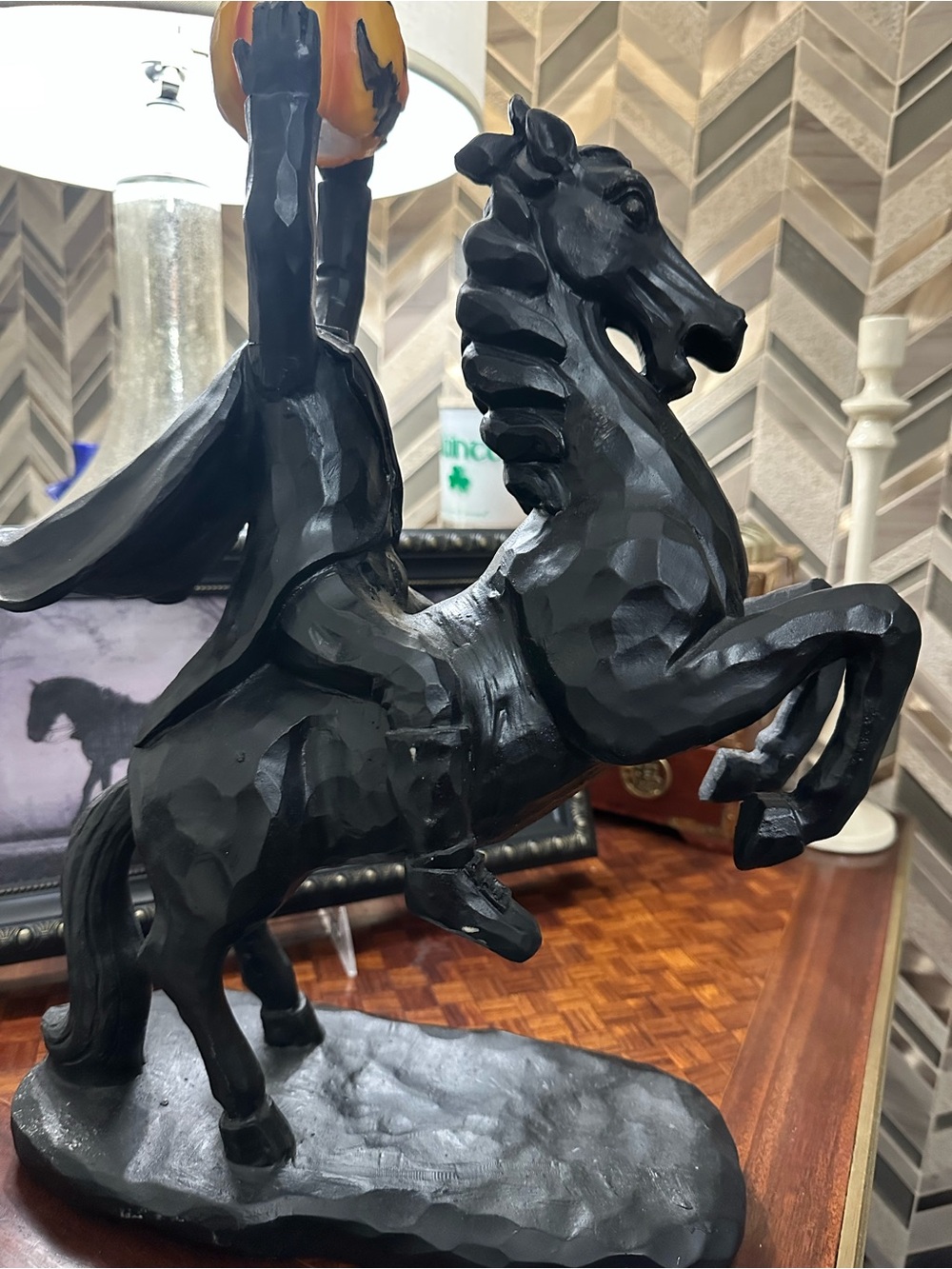 Black Decorative Headless Horseman Rearing Horse Sculpture - Home Art